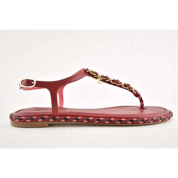 Chanel Red Braided Gold CC Logo Chain Thong Ankle Strap Slide Sandal Flat 36C - Picture 2 of 10